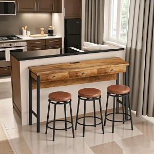 Resenkos Kitchen Bar Table Set,Bar Table Set,3-Drawer Long Dining Table Set with Power Outlets and Circular PU Stools, Easy Assemble,Brown - 1 of 4