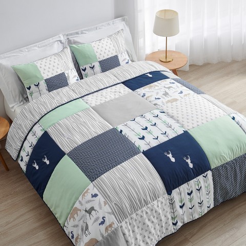 Sweet Jojo Designs Full/Queen Comforter Bedding Set Woodsy Blue, Green and Grey 3 pc