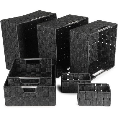 Woven Storage Baskets with Handles, 6 Stackable Sizes (Black, 7 pieces)