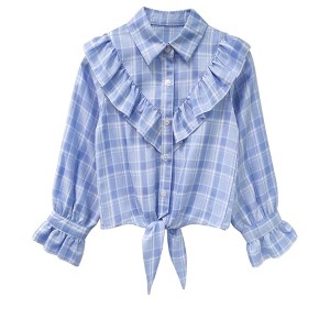 Girls Long Sleeve Ruffle Plaid Shirts Front Button Down Shirts for Girls Waist Knot Plaid Shirts - 1 of 4