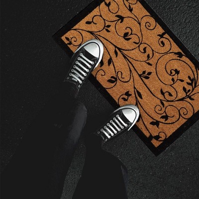 Natural Coir Outdoor Doormat with Black Leafy Vine Print