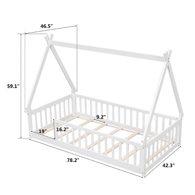 Fontoi Beds, Twin Bed with Guardrails and Slats, Wood Bed with Fence for Girls and Boys, White, 46.5"*59.1"*78.2"