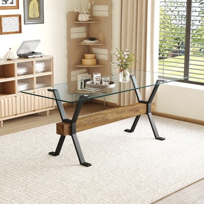 DOMETOUR Elegant 79x31.5 Tempered Glass Dining Table with X-Shaped Black Metal Legs & Wood Grain MDF, Seats 6-10, 0.39 Thick