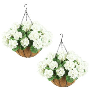2 Set Artificial Outdoor Geraniums Flowers w/Hanging Basket, 2 Hanging Planters & 12 Pcs Red Geranium Flowers for Christmas Front Porch Garden Patio - 1 of 4