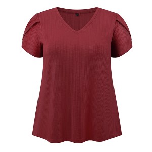 Women's Plus Size Summer V Neck Tulip Sleeve Loose Solid Basic Casual T Shirts - GRACE & GRANDEUR - 1 of 4