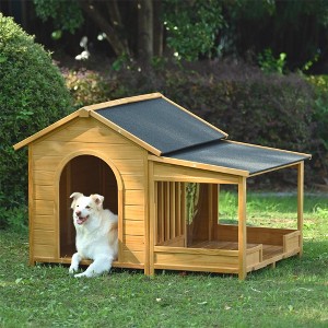 60.2" Large Wooden Dog House with Porch, Cabin Style Dog Crate with Asphalt Roof and Elevated Floor, Dog Kennel with Side Window , Nature - 1 of 4