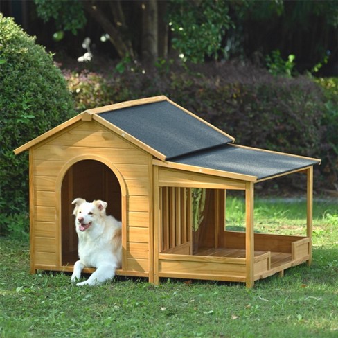 60.2" Large Wooden Dog House with Porch, Cabin Style Dog Crate with Asphalt Roof and Elevated Floor, Dog Kennel with Side Window , Nature - image 1 of 4