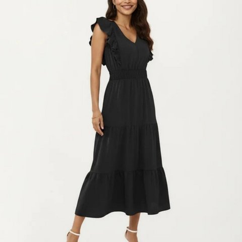Женские платья Anna-Kaci Women's Tiered Midi Dress with Ruffle Sleeves and Smocked Waist - Small, Black