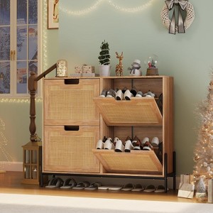 Rattan Shoe Cabinet with 4 Flip Drawers, Storage Cabinet with Adjustable Shelves - 1 of 4