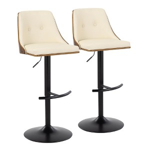 Faux Leather Mid-Century Modern Adjustable Swivel Barstool with Tufted Seat, Contoured Wood Back, and Rounded T Footrest, Set of 2 - 1 of 4