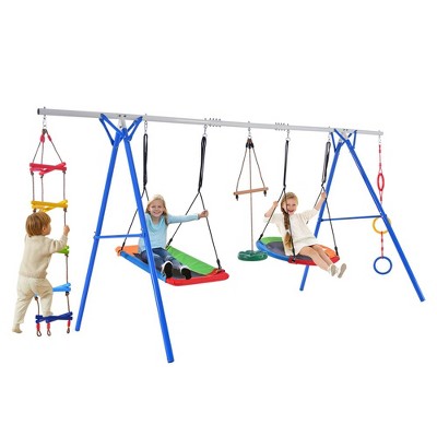 5 In 1 Toddler Swing Set For Backyard, Multifunction Playsets With Climbing Ladder, Saucer Swing, Monkey Bar Swing, Disc Swing, Swing Ring, Blue