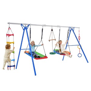 5 In 1 Toddler Swing Set For Backyard, Multifunction Playsets With Climbing Ladder, Saucer Swing, Monkey Bar Swing, Disc Swing, Swing Ring, Blue - 1 of 4