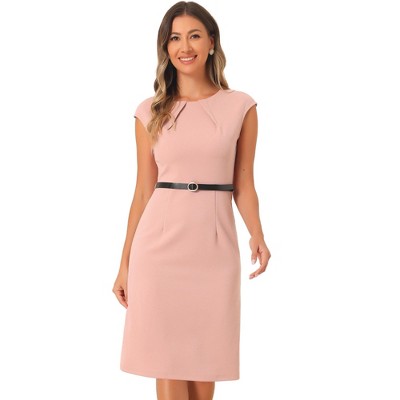 INSPIRE CHIC Women's Elegant Business Round Neck Belted Cap Sleeve Work Sheath Dresses