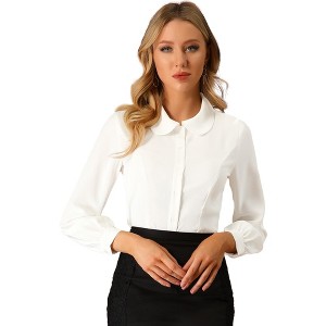 Allegra K Women's Work Peter Pan Collar Long Bishop Sleeve Button Down Shirt - 1 of 4