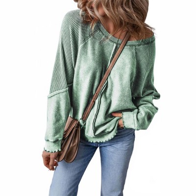 Women's Waffle Patchwork Raglan Sleeve Exposed Seam Sweatshirt - Shewin