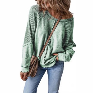 Women's Waffle Patchwork Raglan Sleeve Exposed Seam Sweatshirt - Shewin - 1 of 4