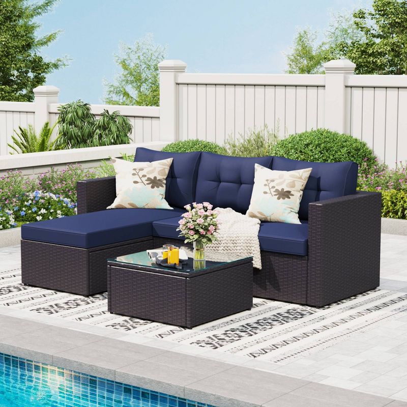 3pc Steel & Wicker Outdoor Conversation Set with Square Coffee Table & Cushions - Captiva Designs
, 1 of 11