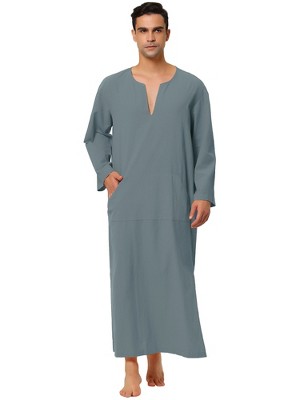 Lars Amadeus Men's Cotton V-Neck Side Split Long Night Gown with Pocket