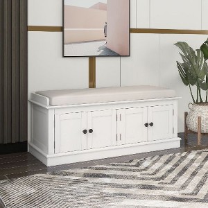 PAGED Classic 4-Door Storage Bench with Linen Cushion, Entryway Ottoman with Storage, Magnetic Closure Shoe Bench with Adjustable Shelves - 1 of 4