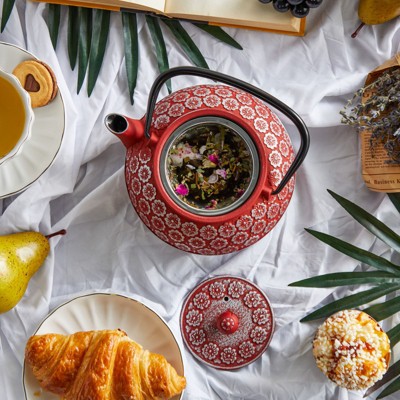 Red Floral Cast Iron Japanese Teapot with Infuser, 34 oz