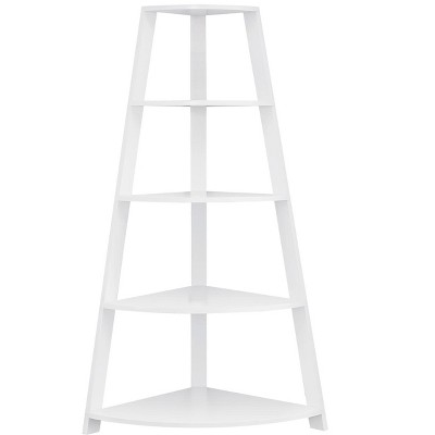 Vynxaria Contemporary Modern 4-Tier Corner Bookshelf/Etagere White Laminate, Fixed Tray Shelves, Tipping Hardware, 60"H
