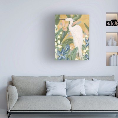 Floral Egret I White and Green Canvas Art