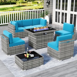 LayinSun 8 Piece Patio Furniture Set with 44" Propane Gas Fire Pit Table, Outdoor Sectional Conversation Set Wicker Rattan Sofa Set - 1 of 4