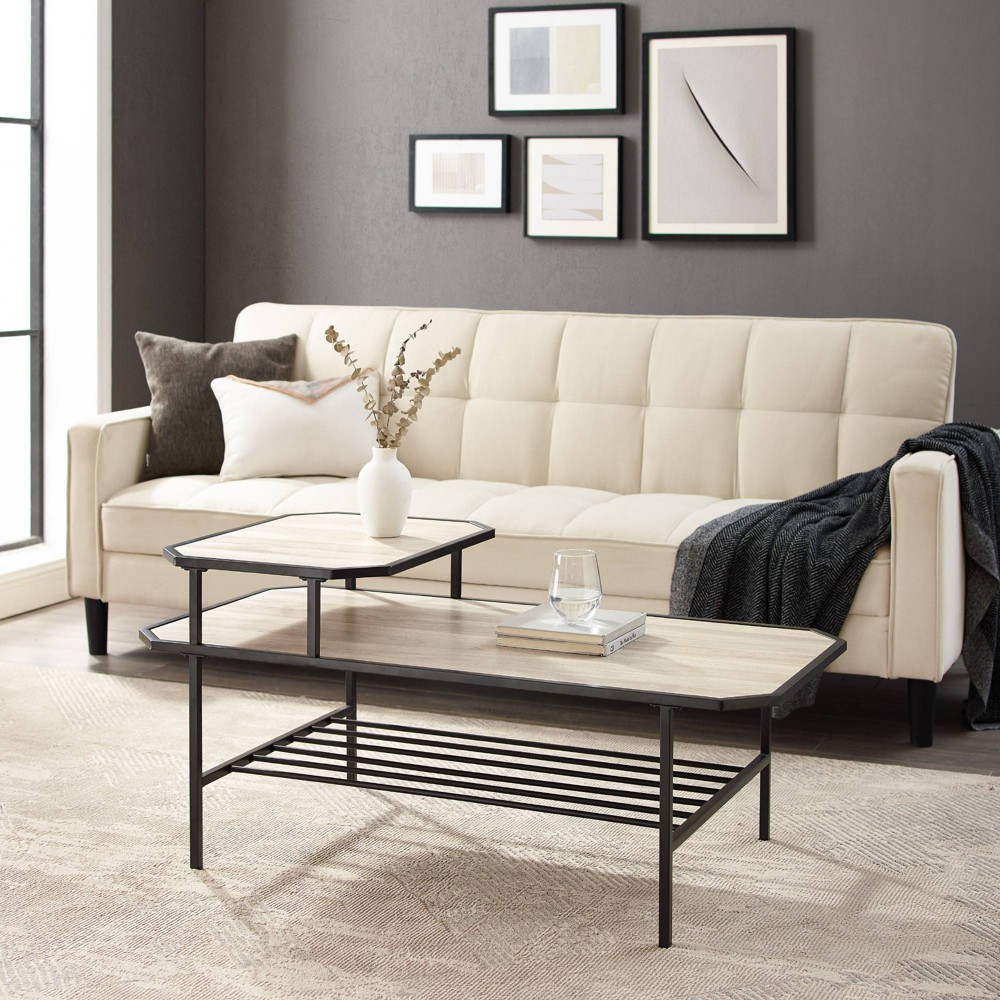 Modern 2 Tier Chamfered Corner Coffee Table Birch - Saracina Home: Laminated MDF, Metal Frame, Storage Shelf