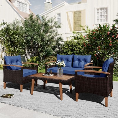 SKRAN 4-Piece Garden Furniture, Patio Seating Set, PE Rattan Outdoor Sofa Set, Wood Table and Legs