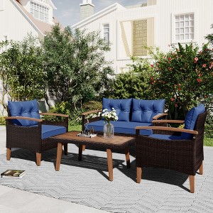SKRAN 4-Piece Garden Furniture, Patio Seating Set, PE Rattan Outdoor Sofa Set, Wood Table and Legs - 1 of 4