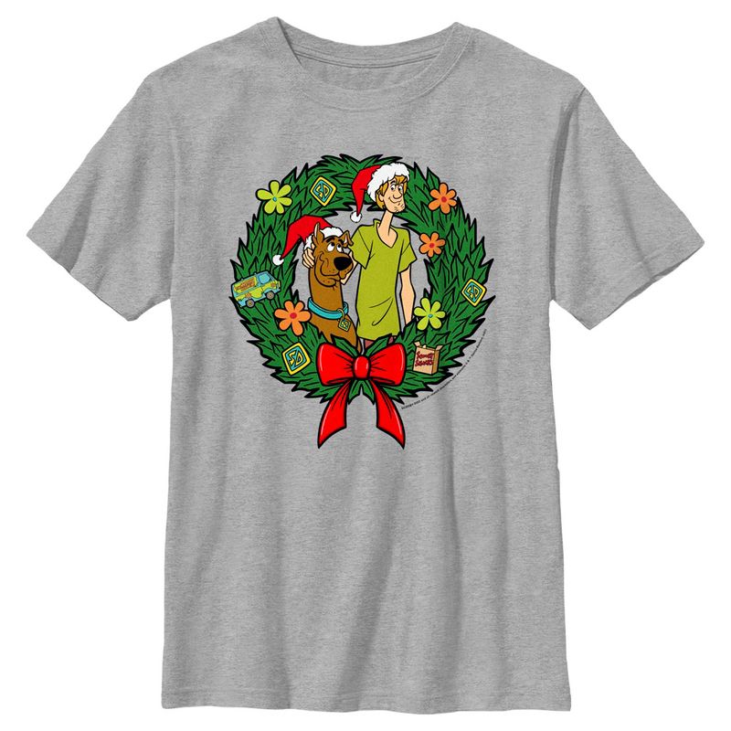 Boy's Scooby Doo Christmas Shaggy and Scooby Wreath T-Shirt, 1 of 6