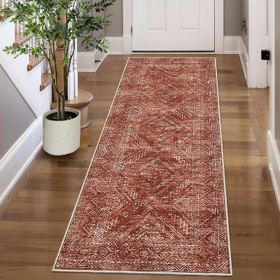 Machine Washable Indoor Rug, Non-Slip Low Pile Carpet for Living Room Hallway, Soft Geometric Design, Stain Resistant & Foldable