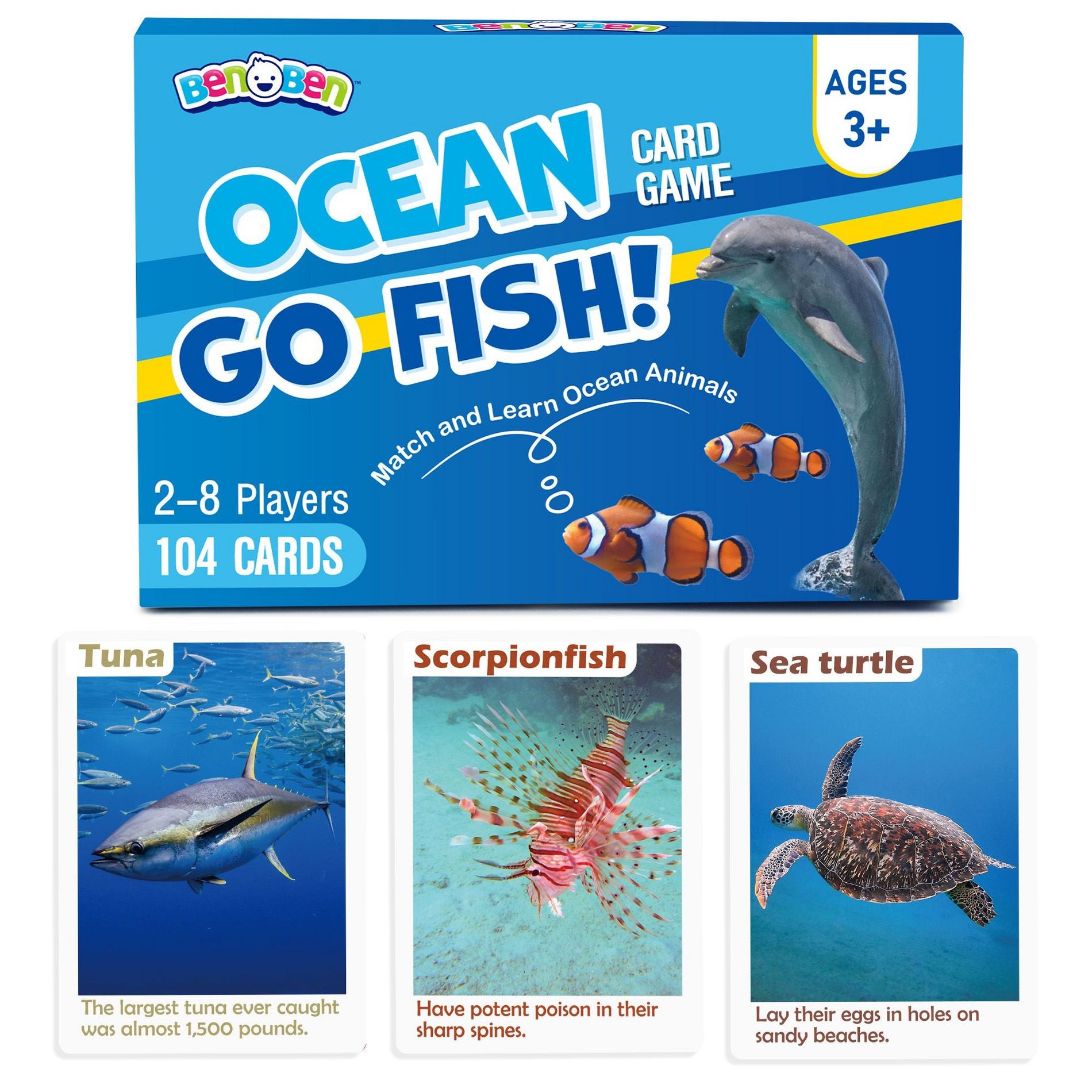 BenBen Go Fish Card Game for Kids, 104 Cards, Ocean Theme Memory Matching Game, Sea Animals Learning Playing Cards