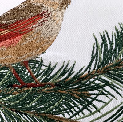 White and Green Embroidered Cardinal Pine Outdoor Pillow