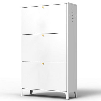 Halitaa 3 Drawer All Steel Shoe Cabinet, Freestanding Shoe Rack Storage Organizer with Flip Door, Modern Tipping Bucket Shoe Cabinet