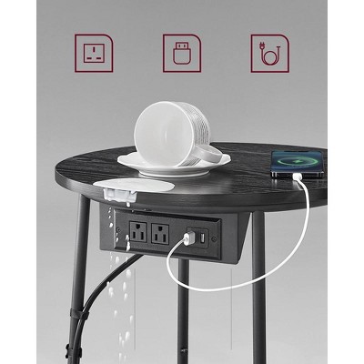 Ebony Black and Slate Gray Round Metal Side Table with Charging Station