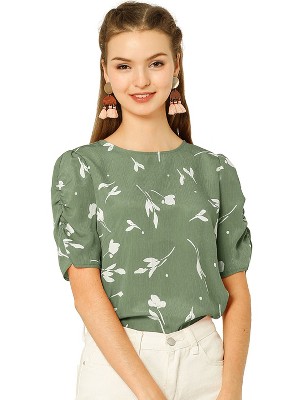 INSPIRE CHIC Women's Floral Summer Crew Neck Casual Shirred Short Sleeve Blouse