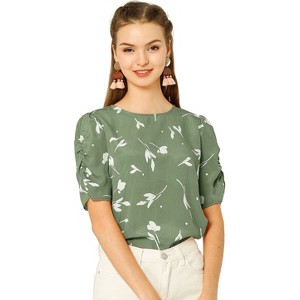 INSPIRE CHIC Women's Floral Summer Crew Neck Casual Shirred Short Sleeve Blouse - 1 of 4