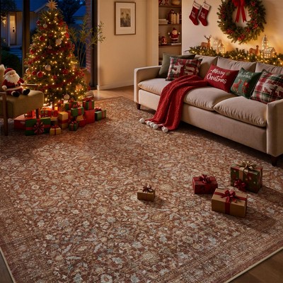 MontVoo Washable Non-Slip Vintage-Inspired Area Rug Rust