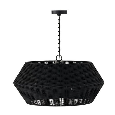 Matte Black Woven Rattan Drum Pendant Light