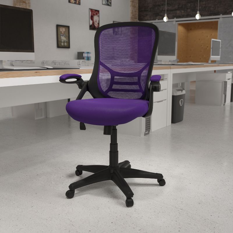 Emma and Oliver High Back Purple Mesh Ergonomic Office Chair with Black Frame and Flip-up Arms, 3 of 16