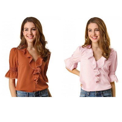 Allegra K Women's Ruffle V Neck Puff Sleeve Summer Casual Chiffon Peasant Top 2 Packs