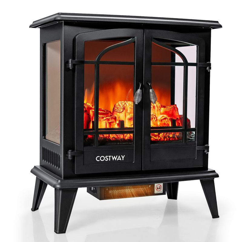 Costway 25'' Freestanding Electric Fireplace Heater Stove W/ Realistic Flame effect 1400W, 1 of 11