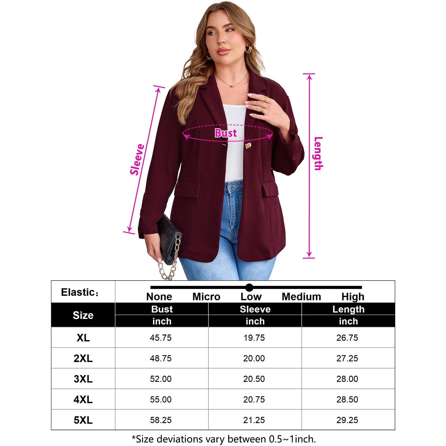 Женские кардиганы YesFashion Women Plus Size Blazer Jacket, Notched Lapel One‑Button Open Front Cardigan, 3/4 Ruched Sleeve Business Casual Outerwear, XL, Wine Red, цвет: Винный — фото 5