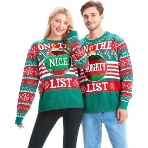 Joyfy Christmas Sweater, Naughty Sequin Christmas Ugly Sweaters, Funny Xmas Pullover Tops(Green and White) - 1 of 4
