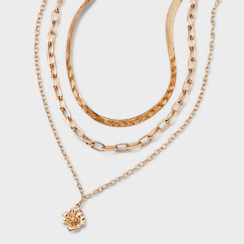 Gold 3 Row Flower &#38; Snake Chain Necklace - A New Day&#8482; Gold, 1 of 6