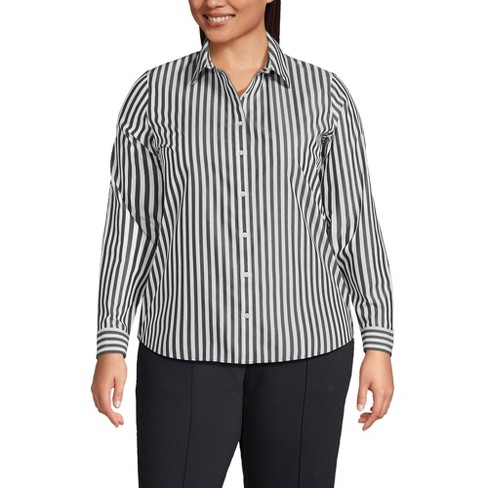 Lands' End Women's Plus Size No Iron Button Front Shirt - 20W - Black/White  Stripe