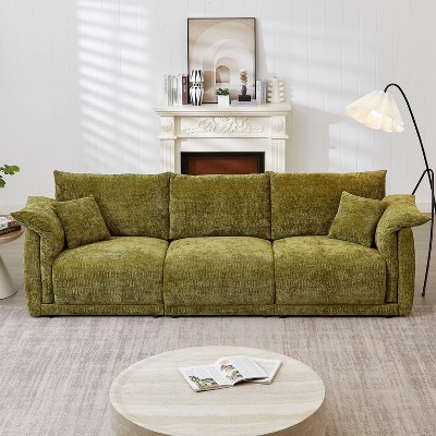 MAYEERTY 98.5 Inch 3 seater Sofa Unique Design Soft Arm Pillows Contemporary Linen 3 Comfortable Cushions 2 Pillows Green Living Room Bedroom Office