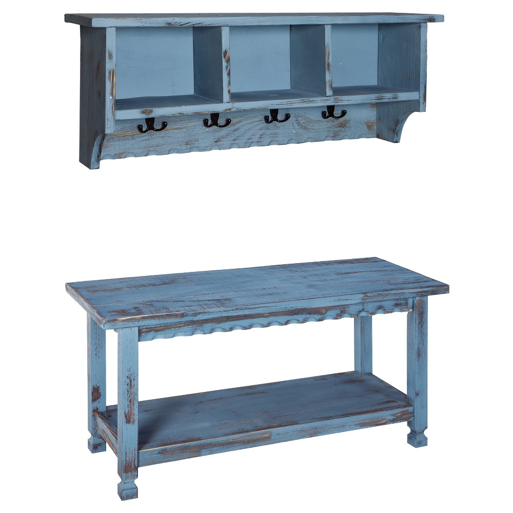36" Rustic Cottage Coat Hooks and Storage Bench Set Blue - Alaterre Furniture: Hall Tree with Cubbies