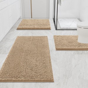 Home Mart Goods 3 Piece Set Beige Soft Cozy Plush Chenille Bath Mat Highly Absorbent Bathroom Rug - 1 of 4